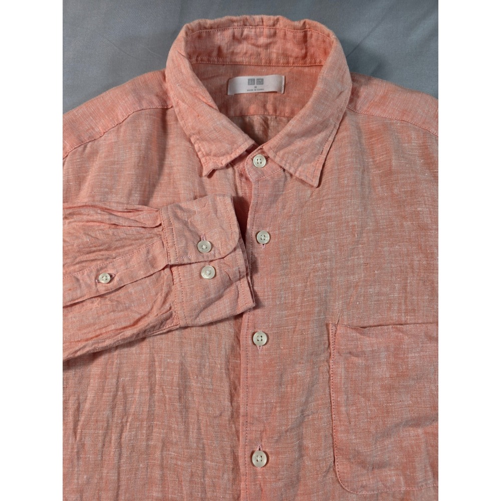 Uniqlo Linen Shirt Mens Medium Orange Peach Long Sleeve Button Up NEW